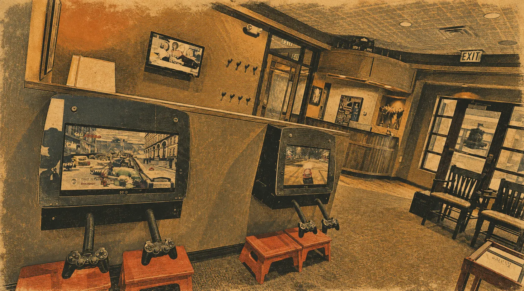 Illustration of the waiting room with vintage arcade game consoles and warm wood details
